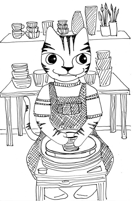 Cat Art Link Cartoon Pen Ink Drawing Pottery Wheel