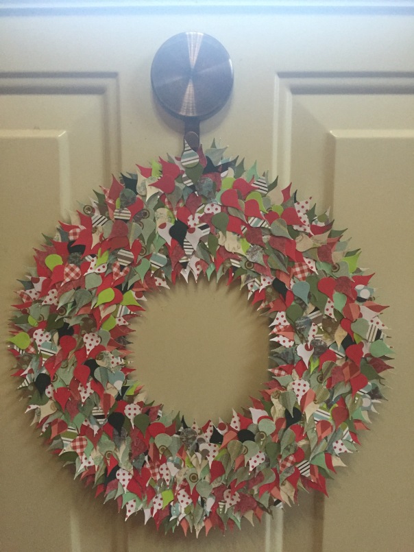 Red wreath, completed and hung on my door.